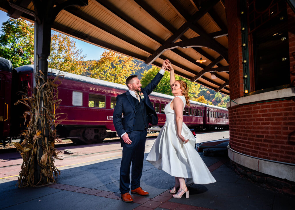 Poconos Elopement Couple dancing by Jim Thorpe Train Stations - Taken by Jim Thorpe Elopements