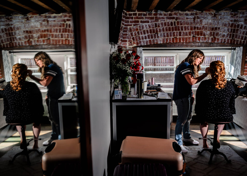 Poconos Elopement Bride getting hair and make up done with Jim Thorpe Elopements