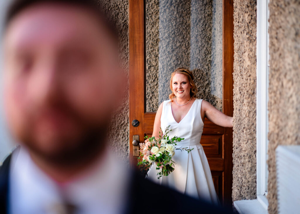 Poconos Elopement Couple's first look with Jim Thorpe Elopements